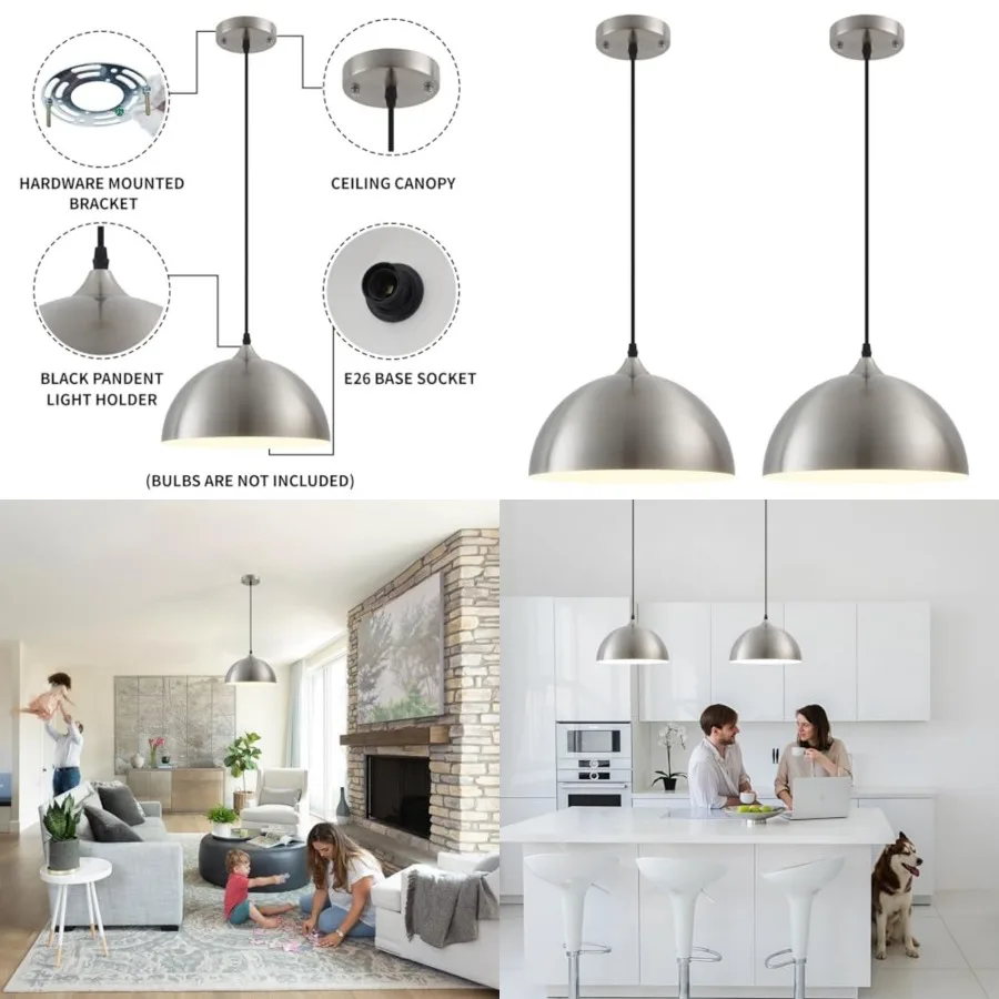 

Industrial Pendant Light 11.8inches 2 Packs, Mental Hanging Light Fixtures for Kitchen Island, Dome Pendant Light, Ceiling Ligh