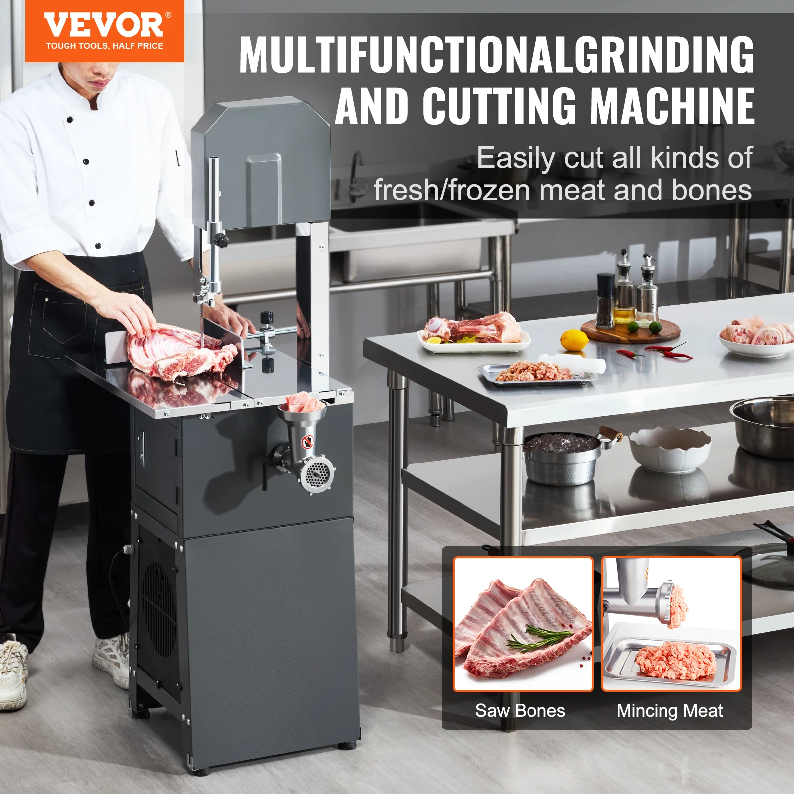 VEVOR Commercial Electric Meat Bandsaw, 850W Stainless Steel Vertical Bone Sawing Machine,19.1