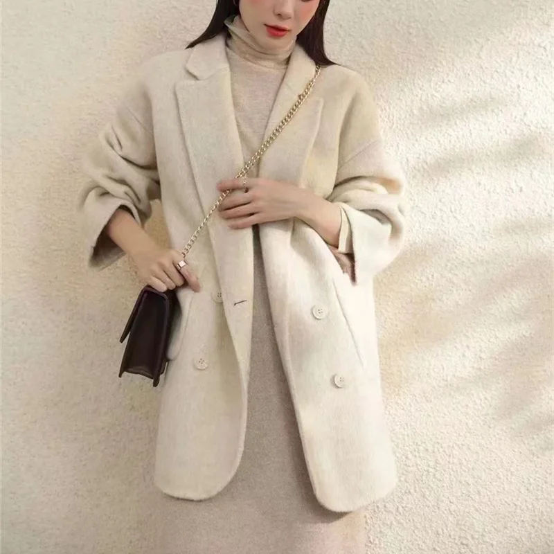 2024 New Mulberry Silk Double breasted Korean Edition Loose Double sided Cashmere Coat Women's Coat