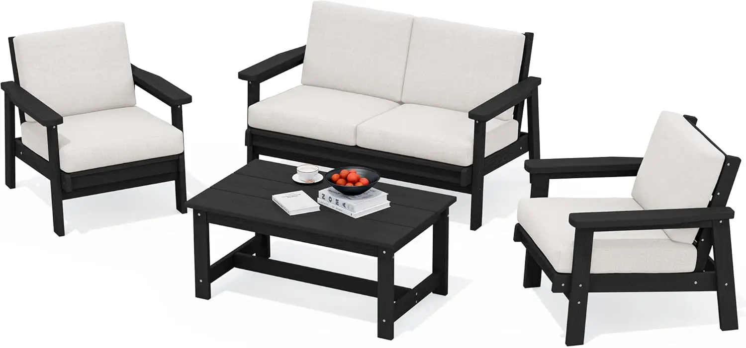 

Outdoor Furniture Set, 4 Piece Outdoor Sofa Set, Black Frame with Khaki Cushions