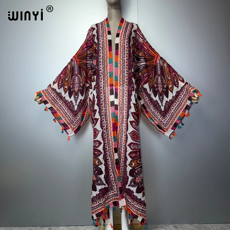 WINYI Kimono Bohemio Largo para Mujer con Borlas Sueltas, Cubrebaño de Playa para Vacaciones, Abaya de Lujo Estilo Dubái para Fiesta