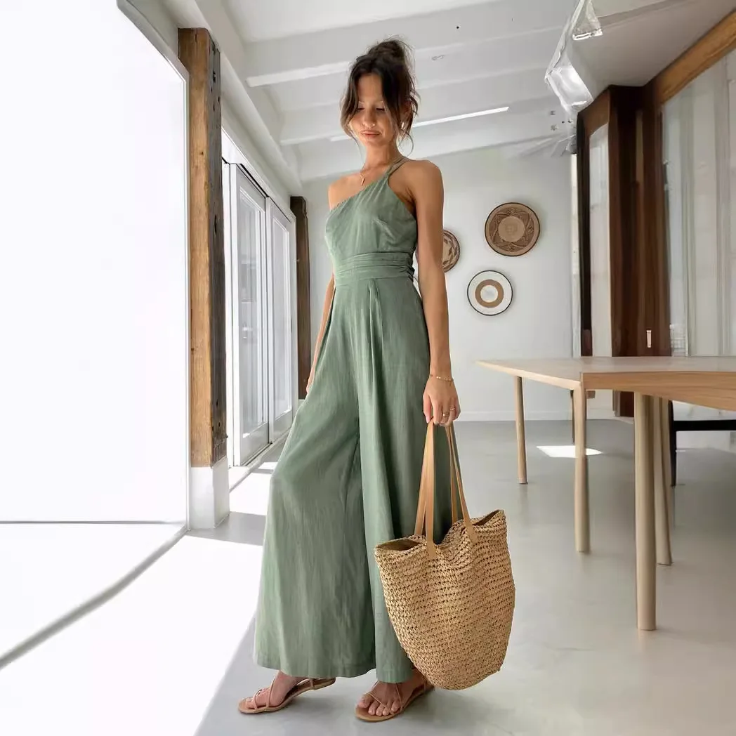 بذلة صيفية جديدة غير رسمية مريحة ومنعشة بدون أكمام وخصر خلفي فضفاض وواسع الساق 205