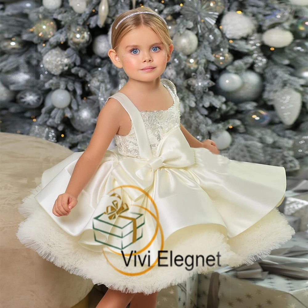 Cute Cream שמלת כלה לילדות for Christmas 2023 New Simple Scoop Spaghetti Strap Tiered Flower Girl Dresses Sleeveless فساتين بنات