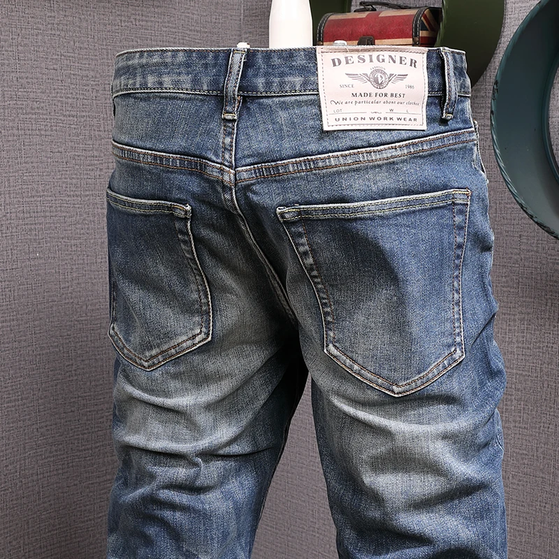 Italian Style Fashion Men Jeans Retro Blue High Quality Elastic Slim Fit Vintage Jeans Men Stretch Casual Designer Pants Hombre