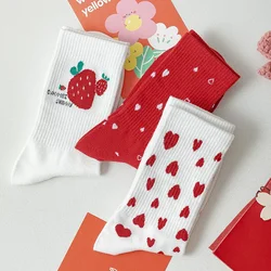 Cotton Socks Women Female New Spring Autumn Strawberry Love Heart Print Japanese Style Korean Socks Fruit Print Calcetines Mujer