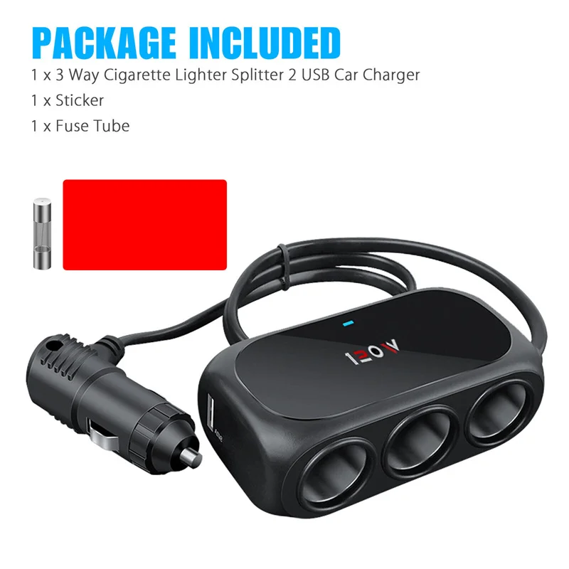 New 3 Socket Car Cigarette Lighter Splitter Dual USB LED Car Fast Charger 120W 12V 24V Car Charger Adapter For  GPS Dashcam
