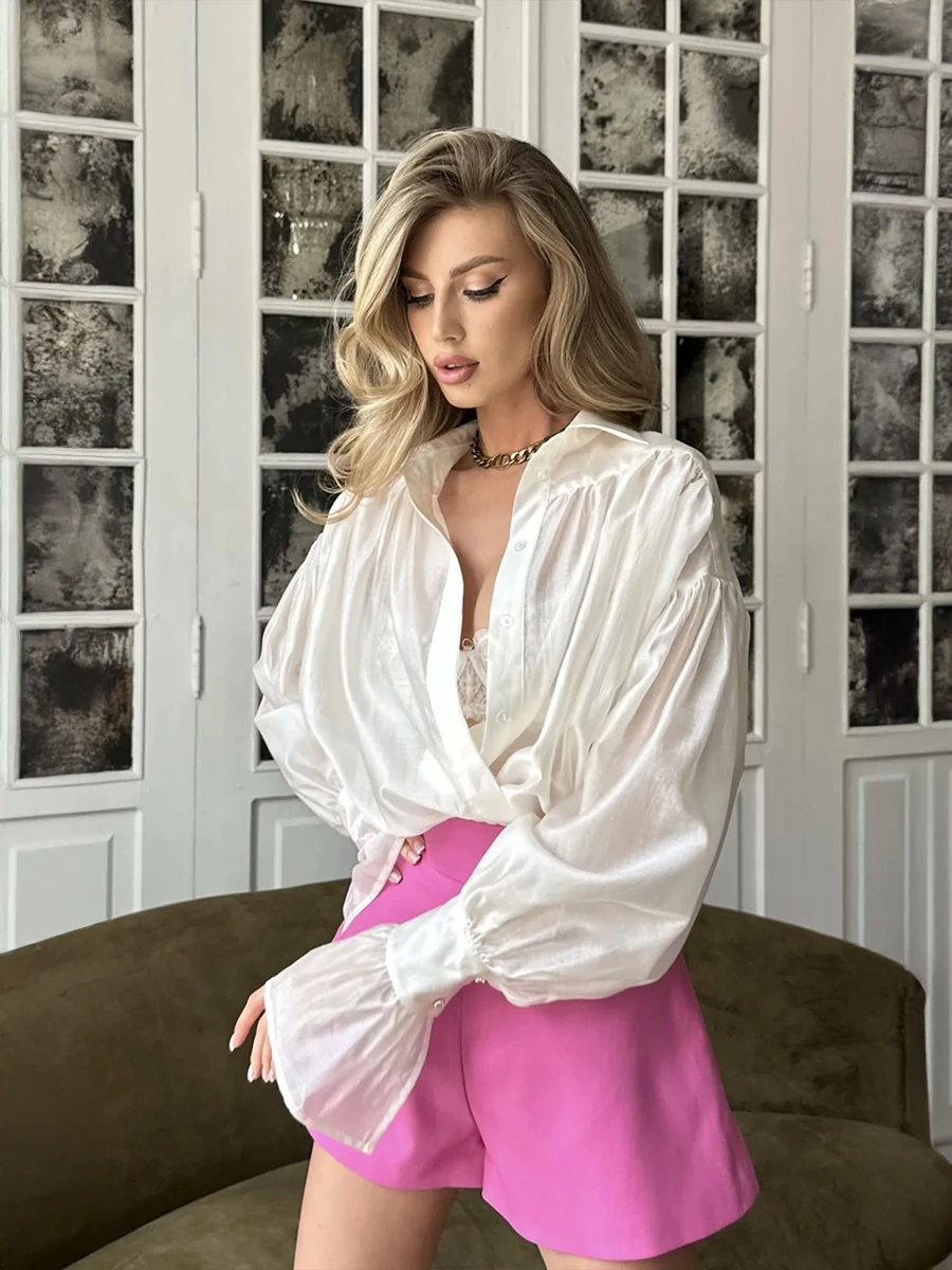 Bornladies الخريف المرأة المألوف فضفاض الياقات قميص مكتب سيدة بلون تنوعا مضيئة كم قميص بأكمام طويلة