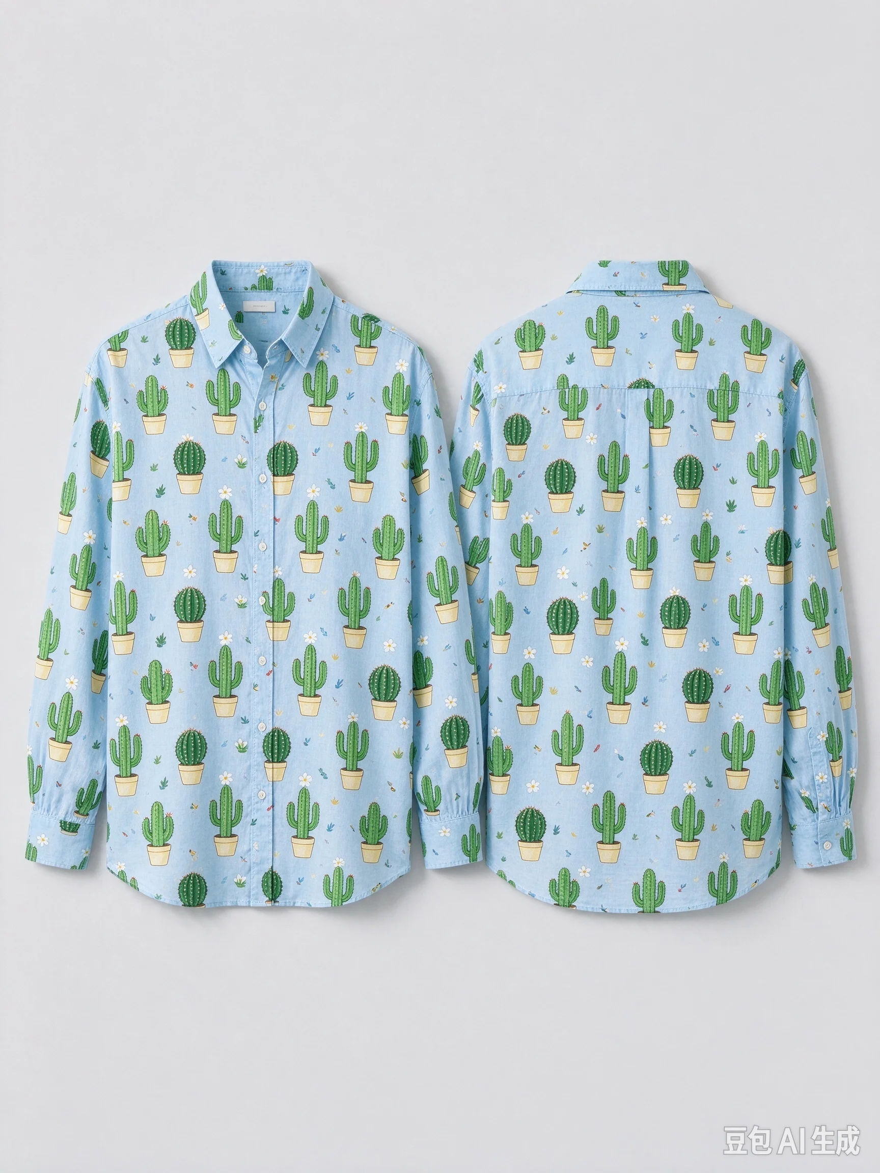 Unisex All Over Cactus Print Long Sleeve Shirt, Loose Button Down Shirt with Front & Back Pattern for Men Women Funny Casual