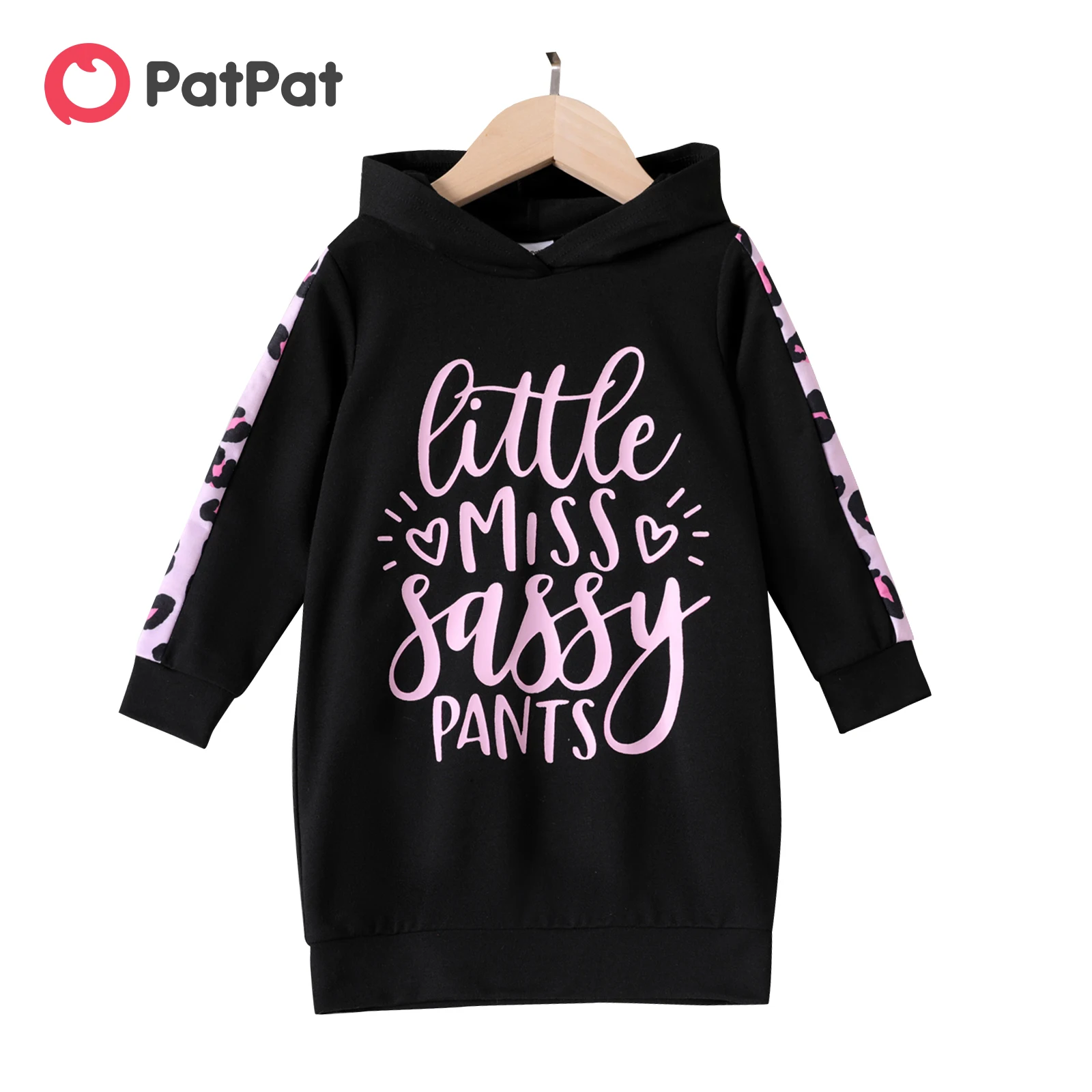 PatPat Toddler Girl Letter Leopard Print Black Long-sleeve Hooded Sweatshirt Dress