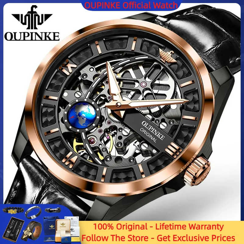 

OUPINKE 3268 Luxury Brand Men Original Mechanical Watch Deep Waterproof Skeleton 3D Rotating Earth Movement Men Automatic Watch
