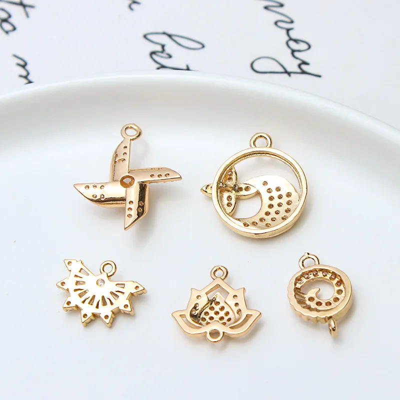 1pcs Diy Jewelry Accessories Copper Zircon Pinwheel Fan-shaped Lotus Flower Double Pendant Earrings Necklace Material Charms