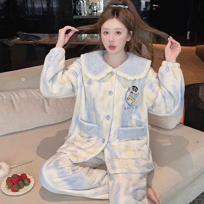 حجم كبير 2 قطعة تلوين شين تشان المرأة منامة المرجان الصوف الفتيات الشتاء دمية طوق بيجامة دافئة أنيمي Kawaii الكرتون Homewear