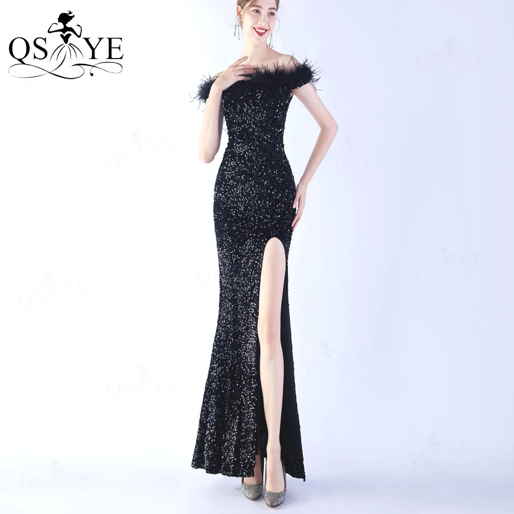 

Strapless Black Evening Dresses Ostrich Hair Neck Big Sequins Prom Gown Side Sleeves Open Split Fitted Party Celebrity Dress