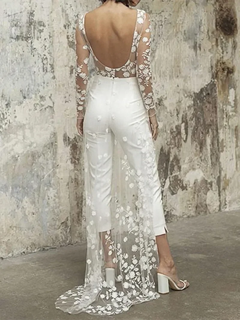 Lace Windbreaker Jumpsuit Women Fake 2 Piece Party Full Sleeve Wedding Long Rompers Playsuits Sexy One Piece Pants Overalls