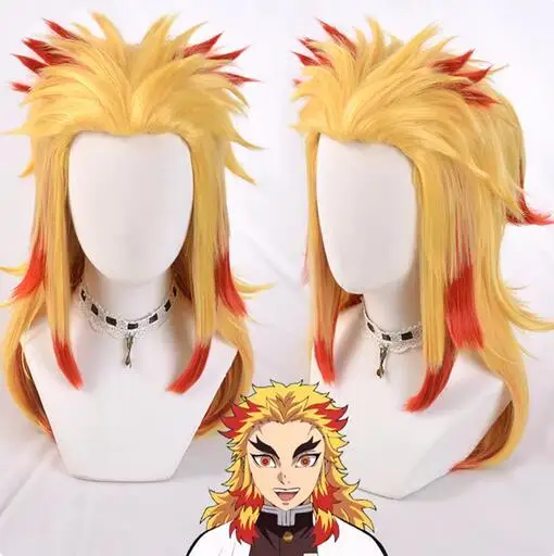 Anime Demon Slayer Rengoku Kyoujurou Blonde Ombre Wig Cosplay Costume Men Women Heat Resistant Pontail Hair Wigs + Wig Cap