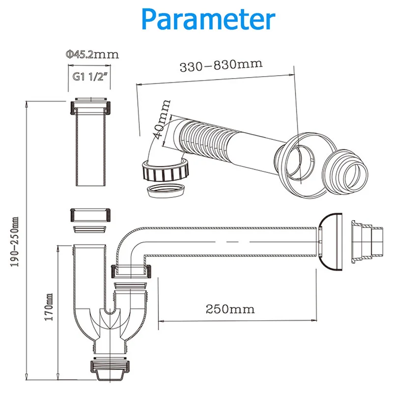 Kitchen Single Sink Outlet Pipe Set PP PVC Plastic Dia 45.2mm Water Trap Drainage Anti-odor Anti Backflow Tube Length 330-380mm