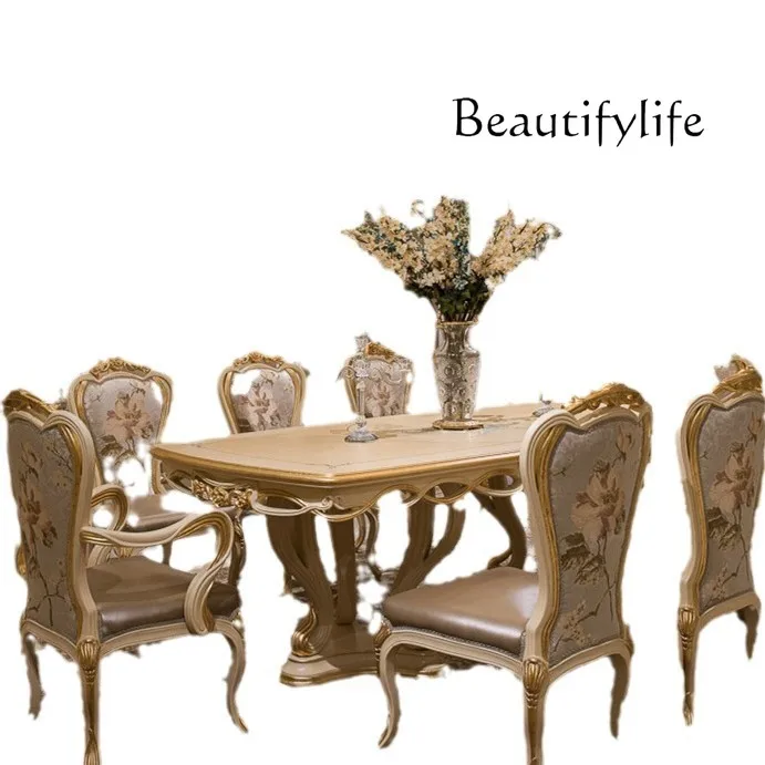 

European style table and chair combination solid wood dining table, light luxury solid wood furniture rectangular dining table