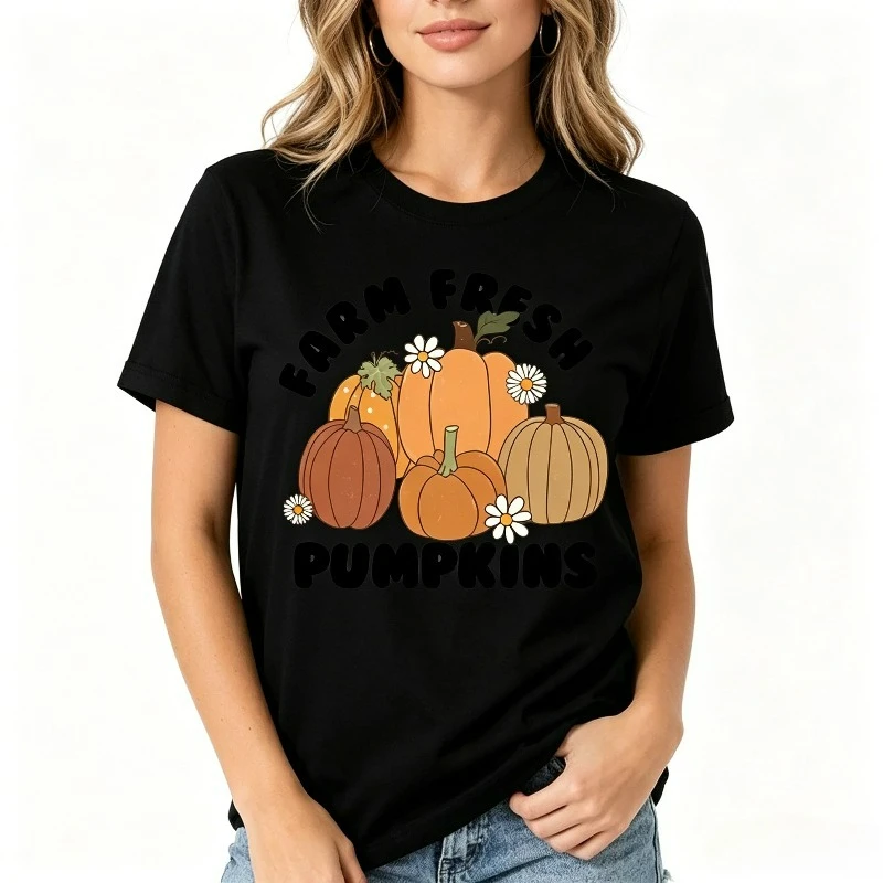 Women's 'Farm Fresh Pumpkins' T-shirt, Cute Fall Graphic Tee, Black and White Options