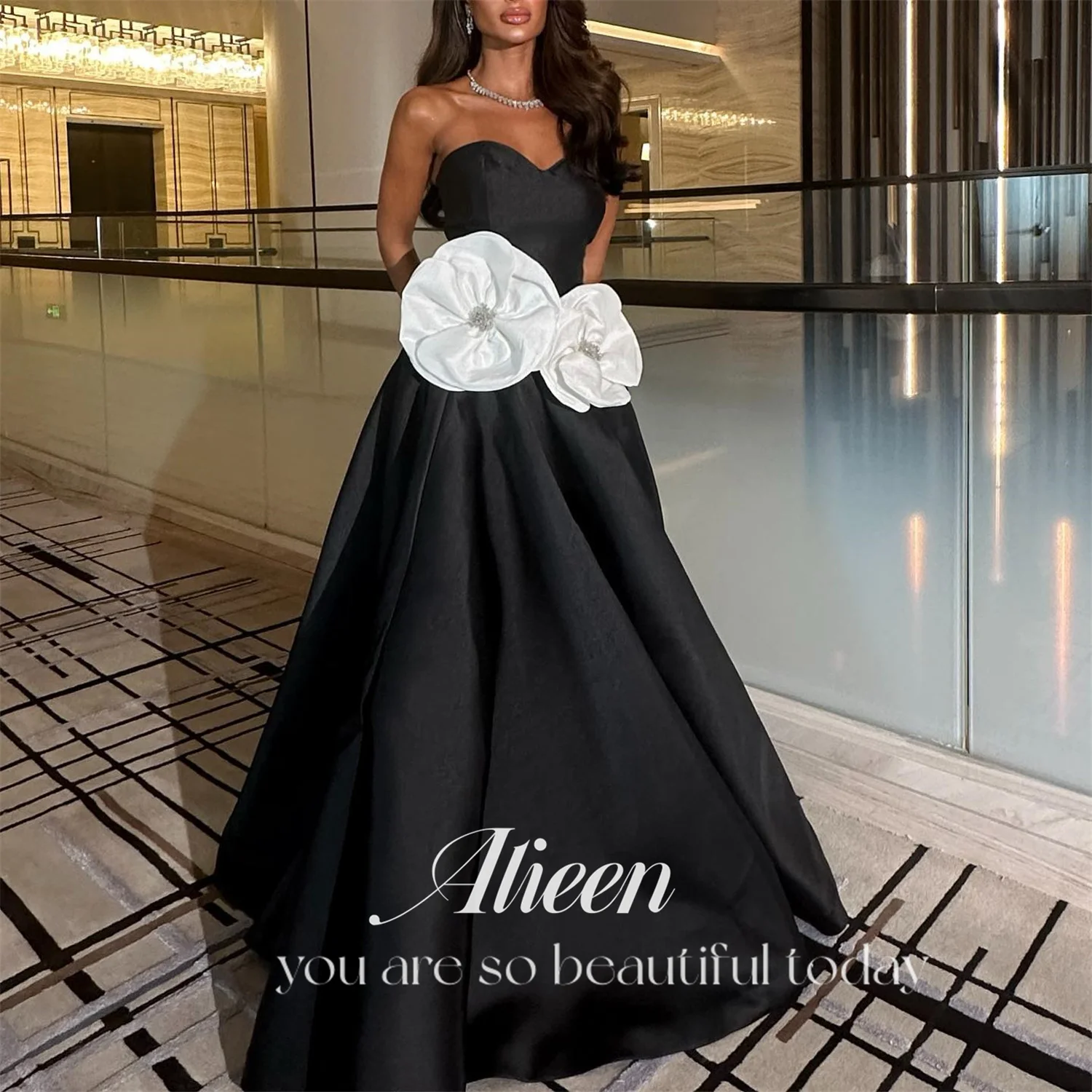 Aileen Black Off the Shoulders 3D Flowers Satin A-line Chubby Elegant Party Dresses 2024 for Wedding Evening Woman Gala Prom