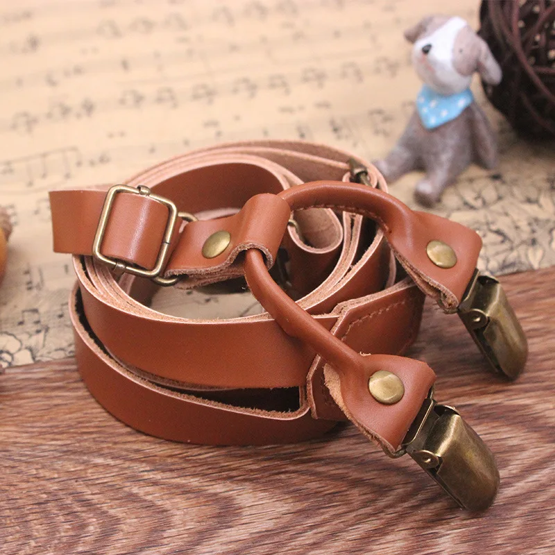 Original Handmade Cowhide Suspenders with Vintage Copper Clips Unisex, Adjustable Narrow Leather Straps for Jeans Gifts Braces