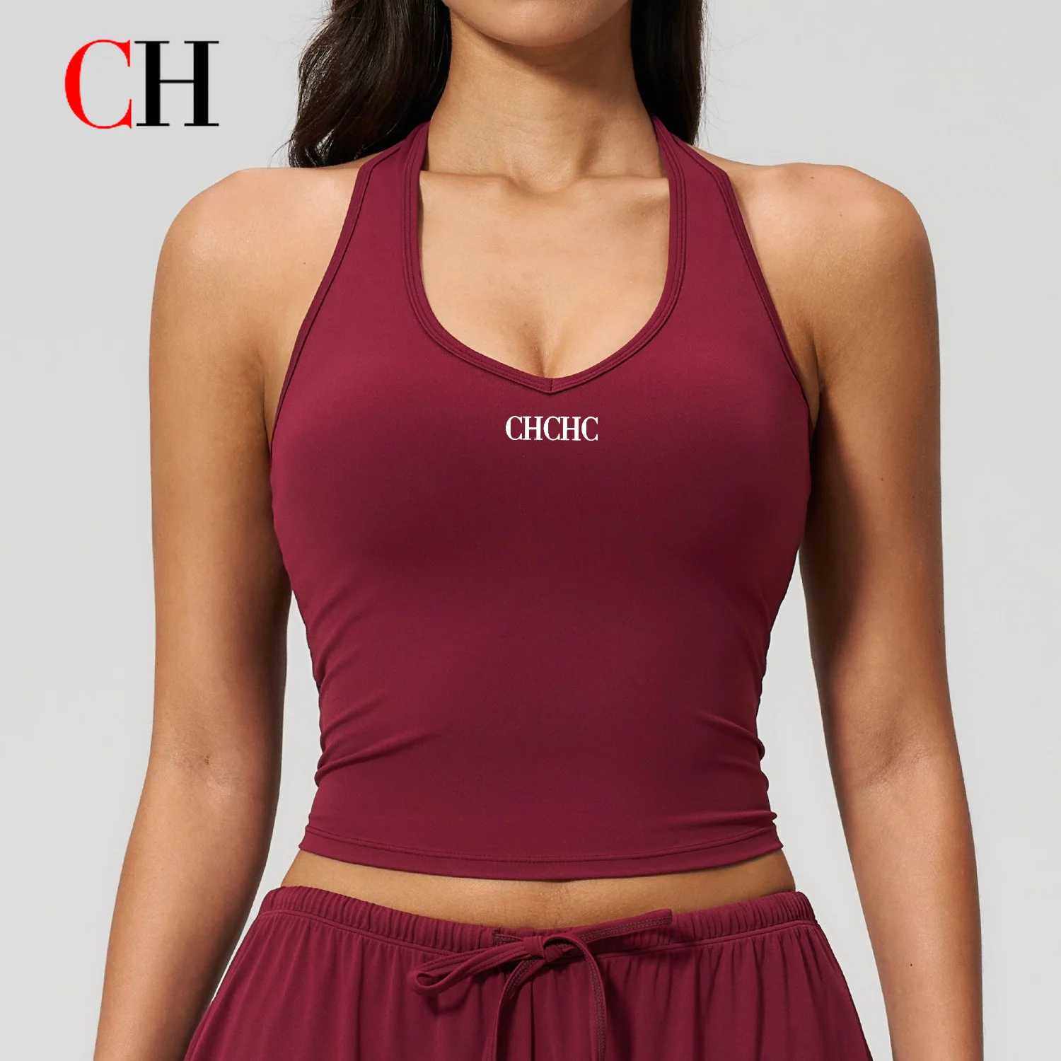 CH Brushed Yoga Tank Top With Removable Pads V-neck Tight Backless Sports Bra Running Workout Fitness Tank Top