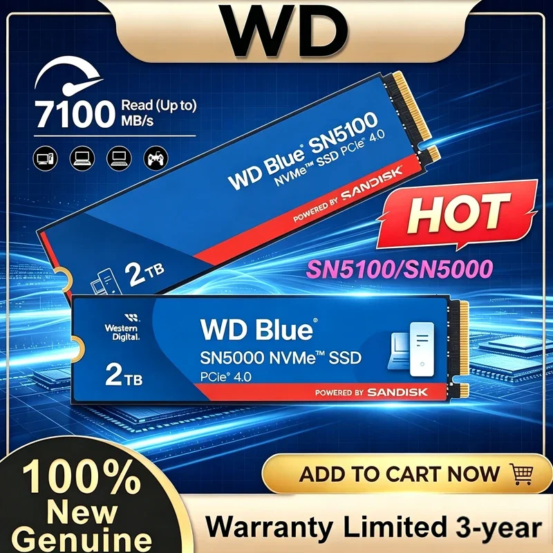 Western Digital WD Blue SN5000/SN5100 1TB 2TB PCIe 4.0 NVMe M.2 2280 Internal SSD Hard Drive for Laptop Gaming Desktop PC
