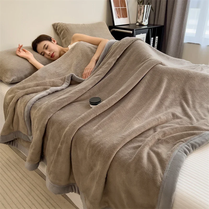 Double Layer Solid Color Milk Velvet Blanket Autumn Winter Thicken Warm Plush Blanket for Bed Sofa Single Double Thick Bed Sheet