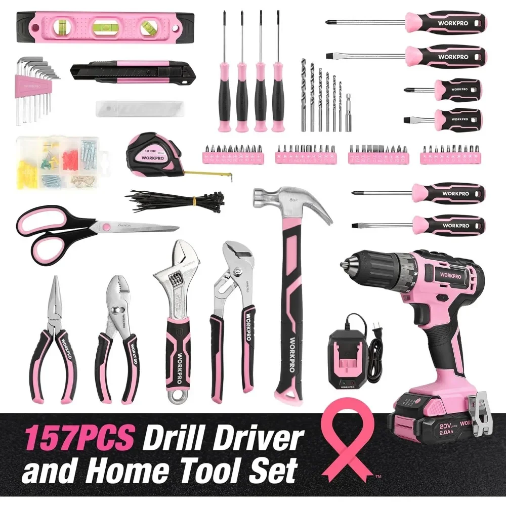 Tool Kit with Drill 157PCS Tool Set with Cordless Lithium-ion Drill Driver for All Purpose Power Drill Sets with Pink Tool Bag