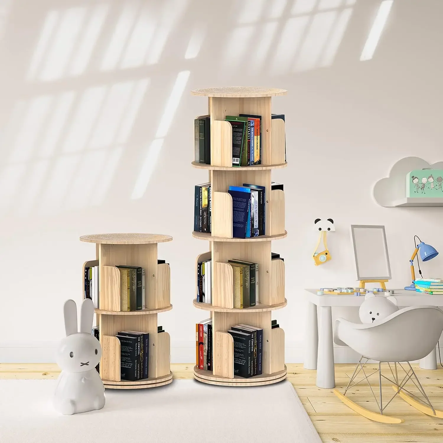 Bookshelf Tower, 360 Display Spinning Bookshelf, 4 Tier Revolving Bookcase for Kids&Adults, Rotating Bookcase for Bedro