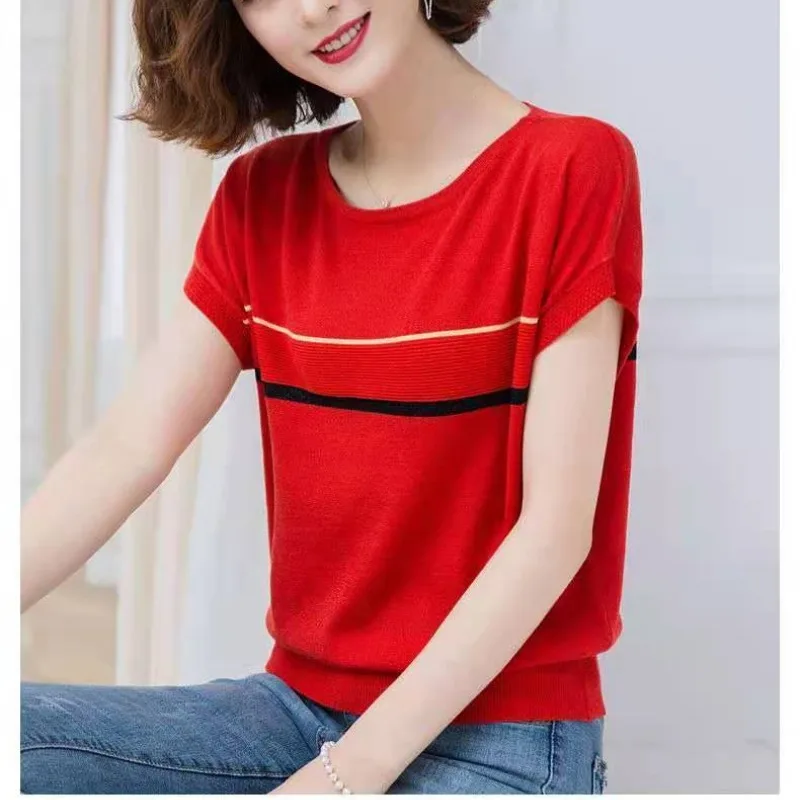 2023 Summer New Female Clothing Pullover Ice Silk Women\'s T-shirt Short Sleeve Knit Striped Loose Fashion Elegant Tops