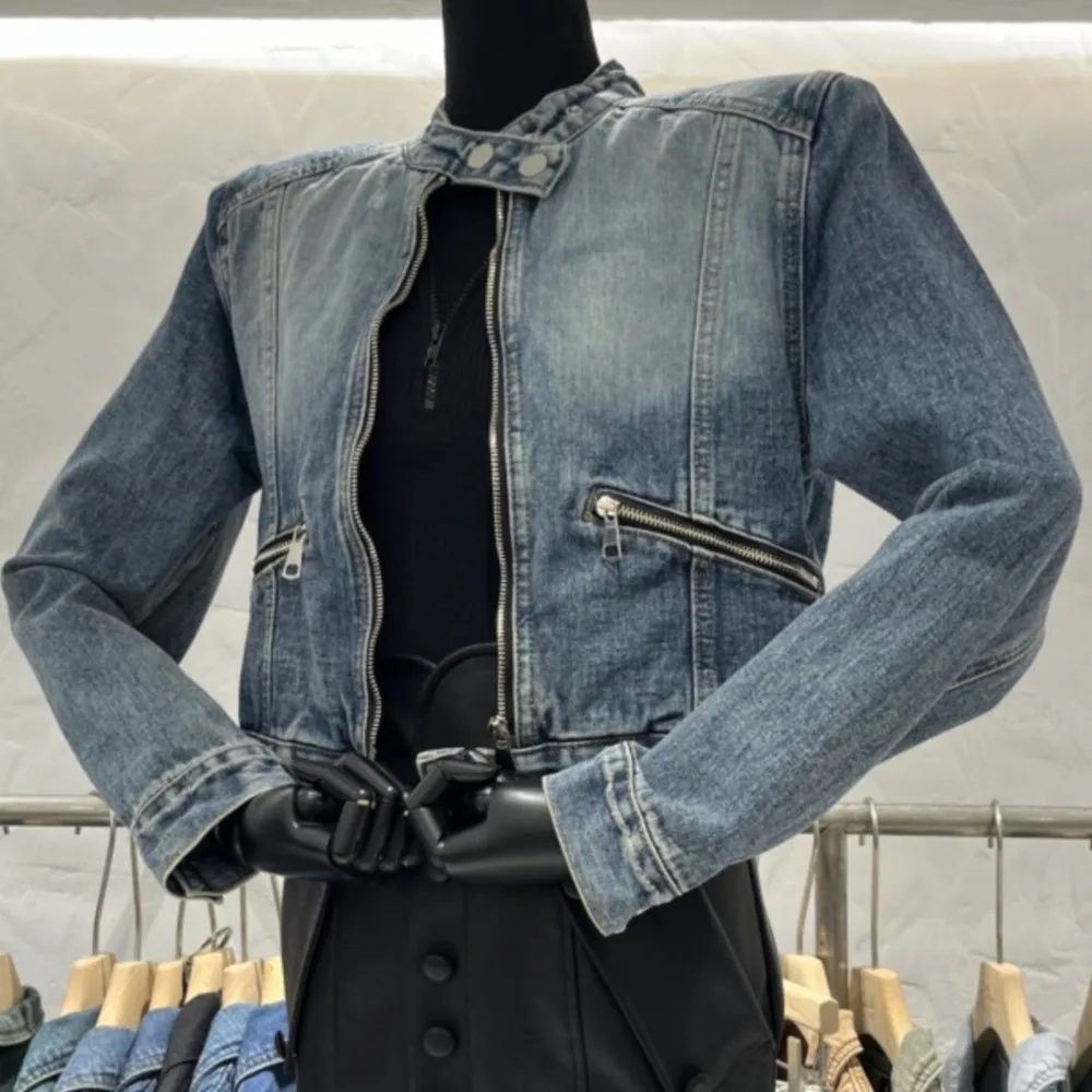 

Stand neck zippered denim jacket for women new short top blazer