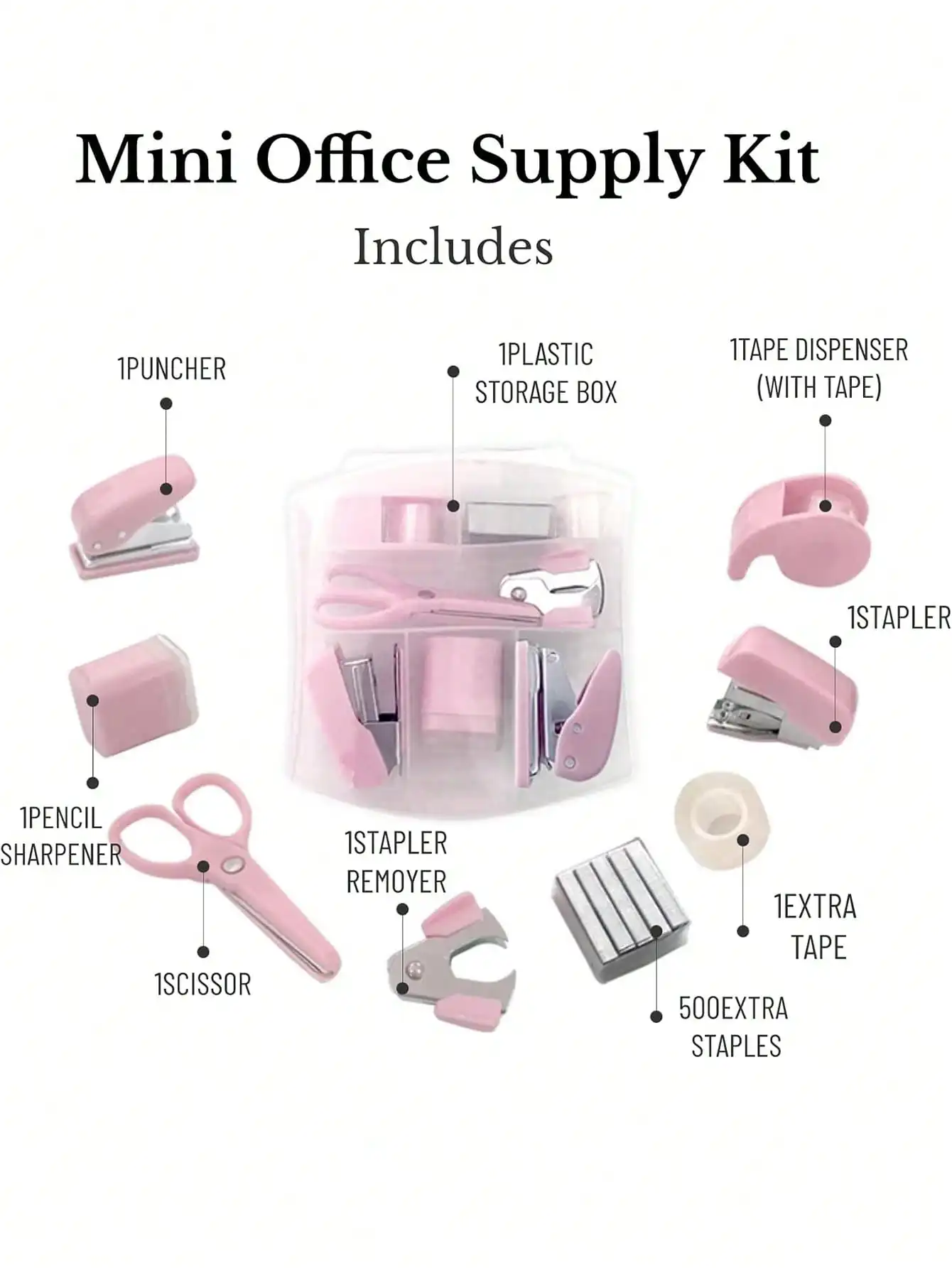 8 قطع من مجموعات مستلزمات المكاتب الصغيرة، اللوازم المدرسية الصغيرة – تتضمن دباسة صغيرة، مقص، مزيل التيلة، الدبابيس، موزع الأشرطة