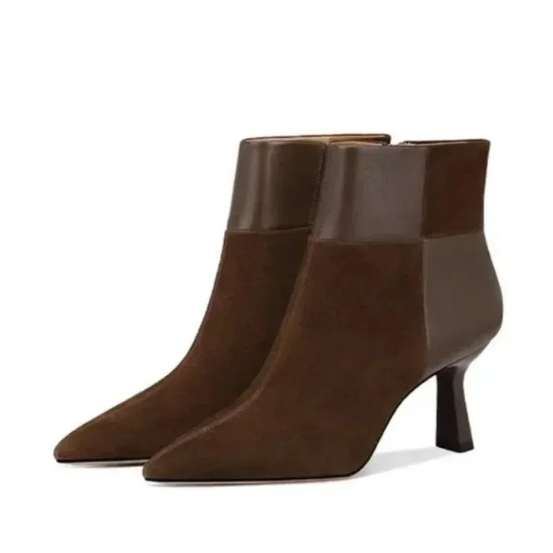 Zapatos de mujer a la venta, botas de mujer con cremallera lateral a la moda, botas de otoño con punta estrecha, tacones de aguja de barril cortos sexis sólidos o tacones finos