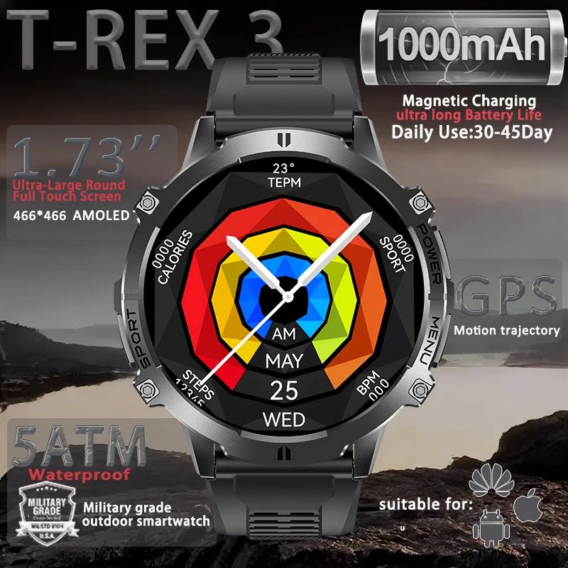 

T-Rex 3 Ultra 1000mAh battery Smart Watch Men HD AMOLED GPS 5ATM&IP69K Waterproof Compass Bluetooth call Military Sports Watches