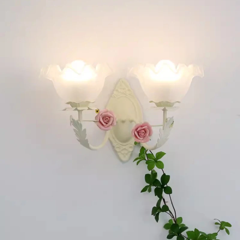 French Cream Style Petal Flower Wall Lamp Frosted Glass Flower Lamp Romantic Princess Room Aisle Girl Bedroom Bedside Wall Light