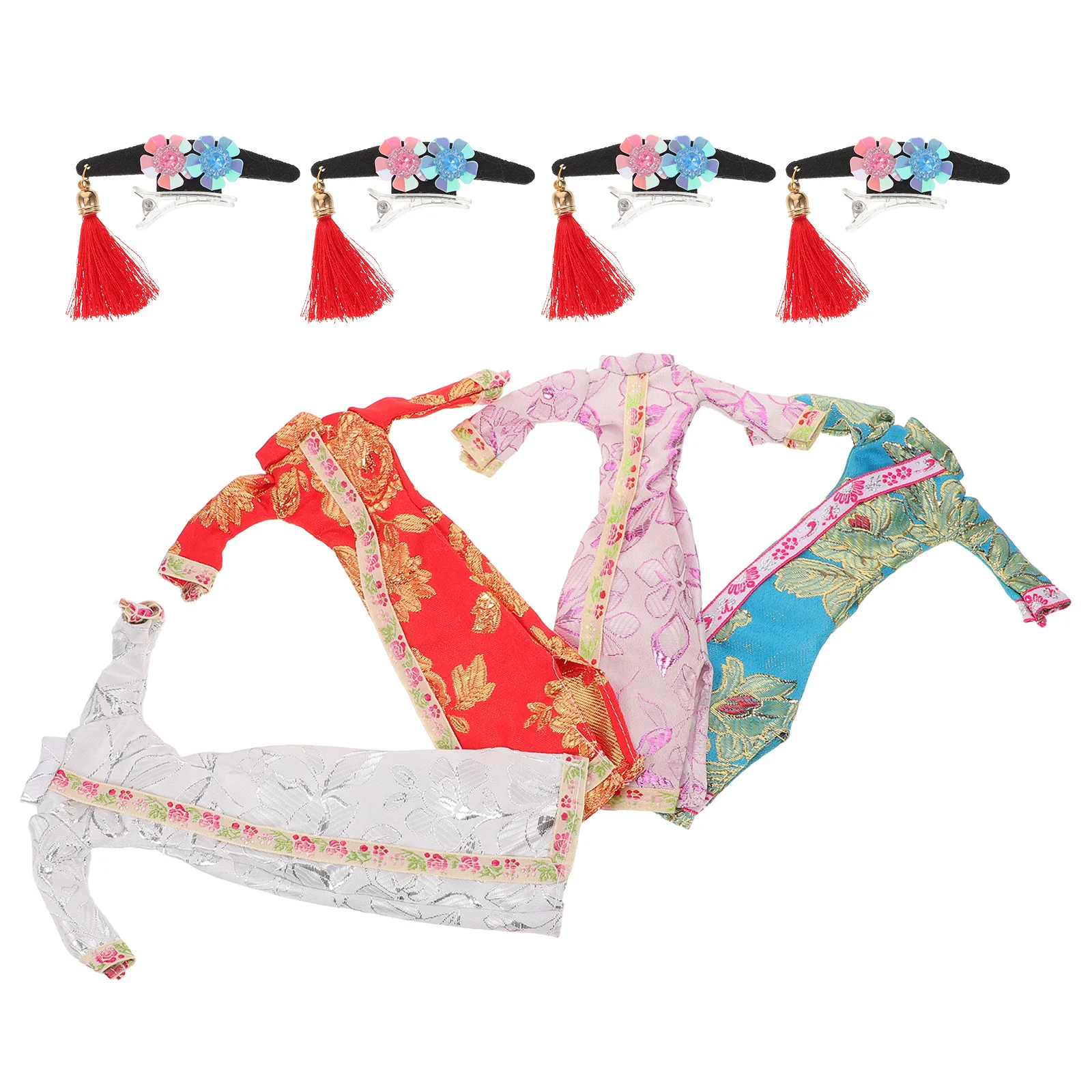 4 zestawy Mini Chińskie Sukienki Ślubne Cheongsam 30 cm Kwiatowy Styl Vintage dla Dziewczynek Strój Kostium na Imprezę dla Dzieci do Odgrywania Ról