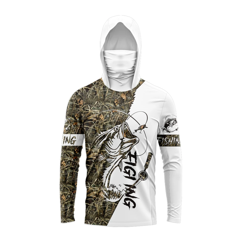 Outdoor Men Bass Fishing Graphic Hooded Shirt  UV Protective Long Sleeve Top Integrated Face Mask For Freshwater Sea Fishing