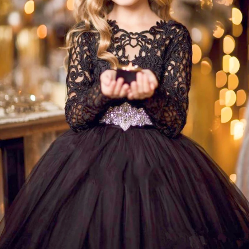 

Elegant Black Flower Girl Dresses For Weddings Tulle Ball Gown Long Sleeves Tulle First Holy Communion Dresses Gowns