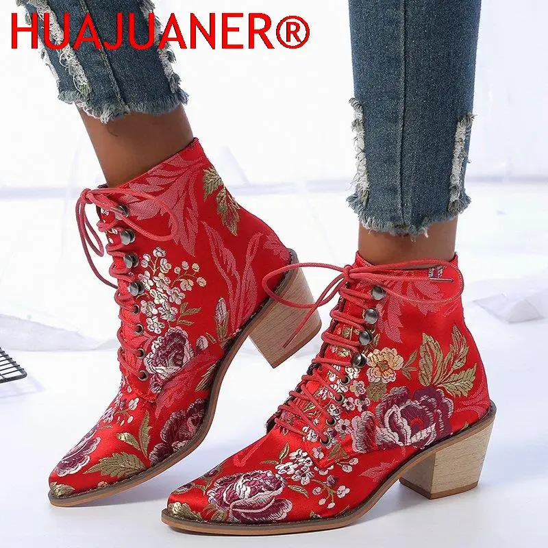 2025 New Women Luxury Silk Boots  Ankle Boots New Autumn Winter Embroider Womens Motorcycle Boots Lace Up Shoes Woman