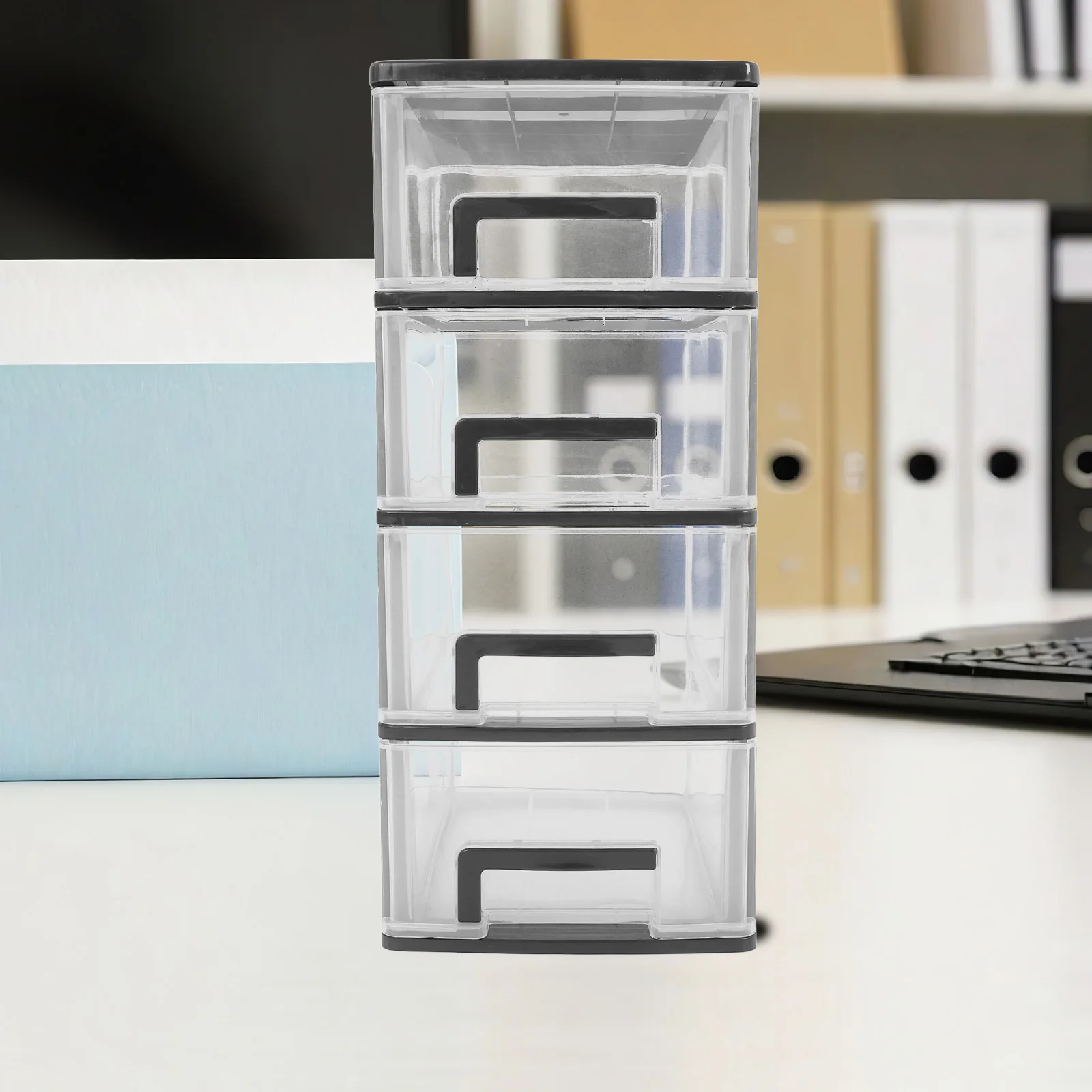 Scatola portaoggetti a quattro strati, mobiletto in plastica trasparente, organizer portatile da scrivania, contenitore per articoli vari.