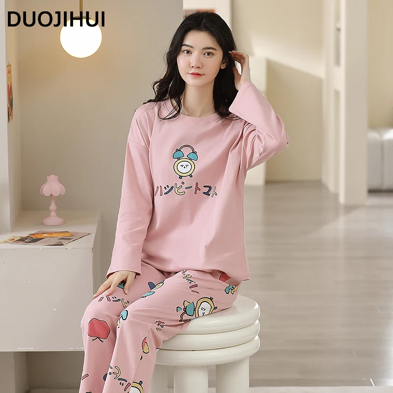 DUOJIHUI-Conjunto de pijama feminino com duas peças, pulôveres com o pescoço, calça básica, doce, casual, simples, doce, moda, outono, novo