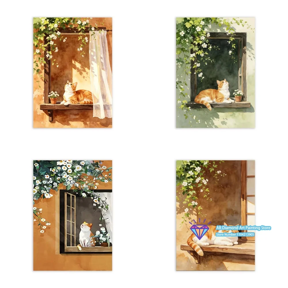 Window Cat Green Leaf Art 5D DIY Diamond Painting Set with Square and Round Diamonds Handmade Crafts Home Decor Gifts