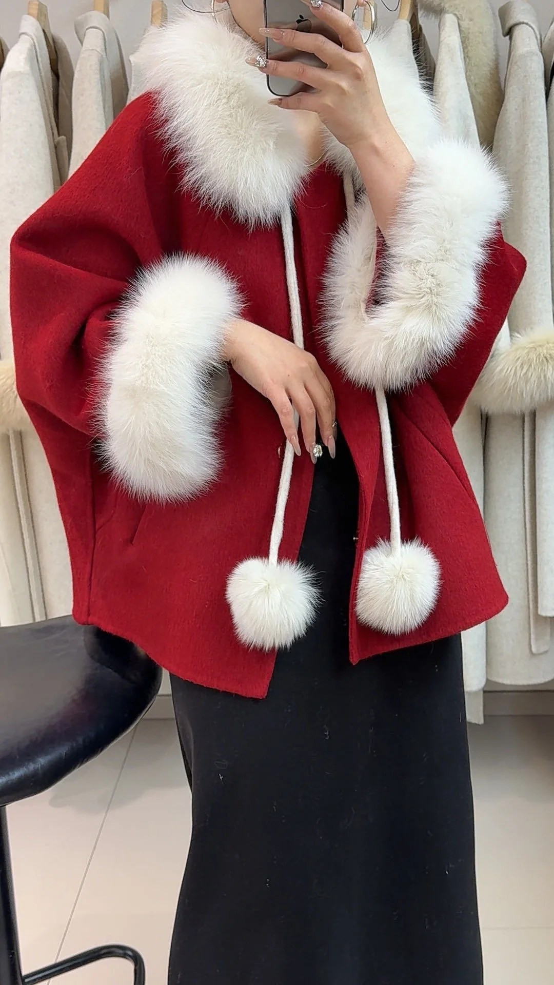 OFTBUY Women's Short Wool Coat Real Fox Fur Collar Cuffs Pom Pom Drawstring Woolen Clothing New Winter Warm Elegant Outerwear