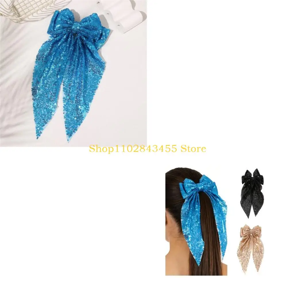49MC Shining Sequined Hair Clip Ribbon Hair Bows for Women Evening Party Celebration