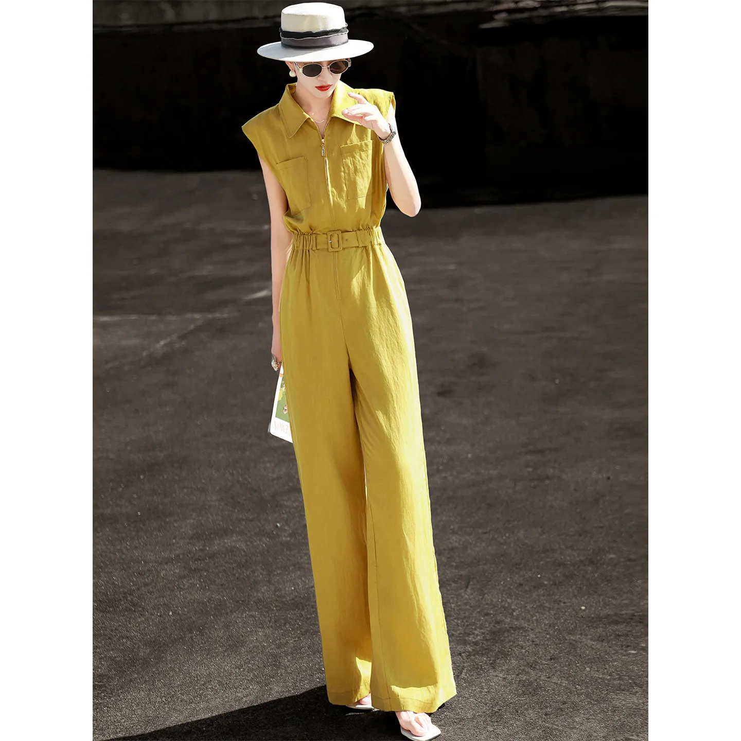 MEXCOCO 2026 Summer New Elegant Commuter Jumpsuit, Women Tencel Tie Waist Slim Wide Leg High End Romper