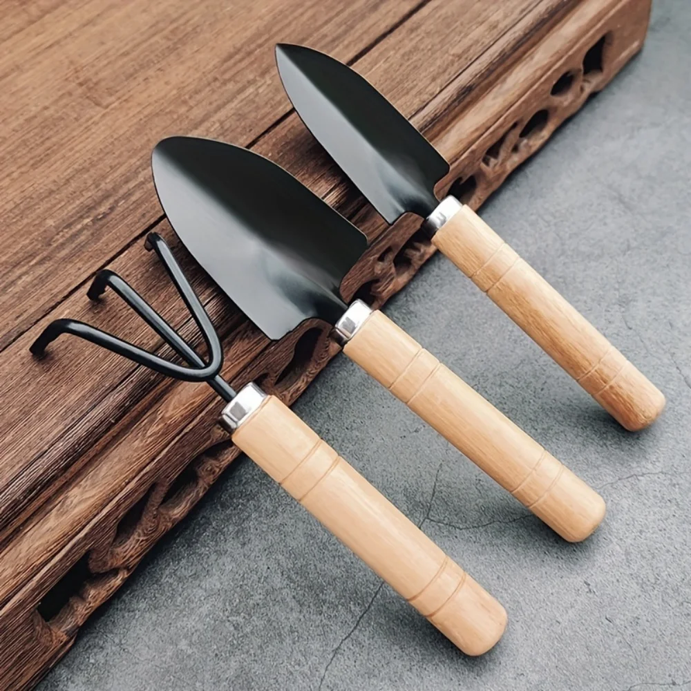 Three-Piece Set of Mini Gardening Tools with Wooden Handles and Three-Tine Rake, Practical Garden and Potting Shovel Tool Set