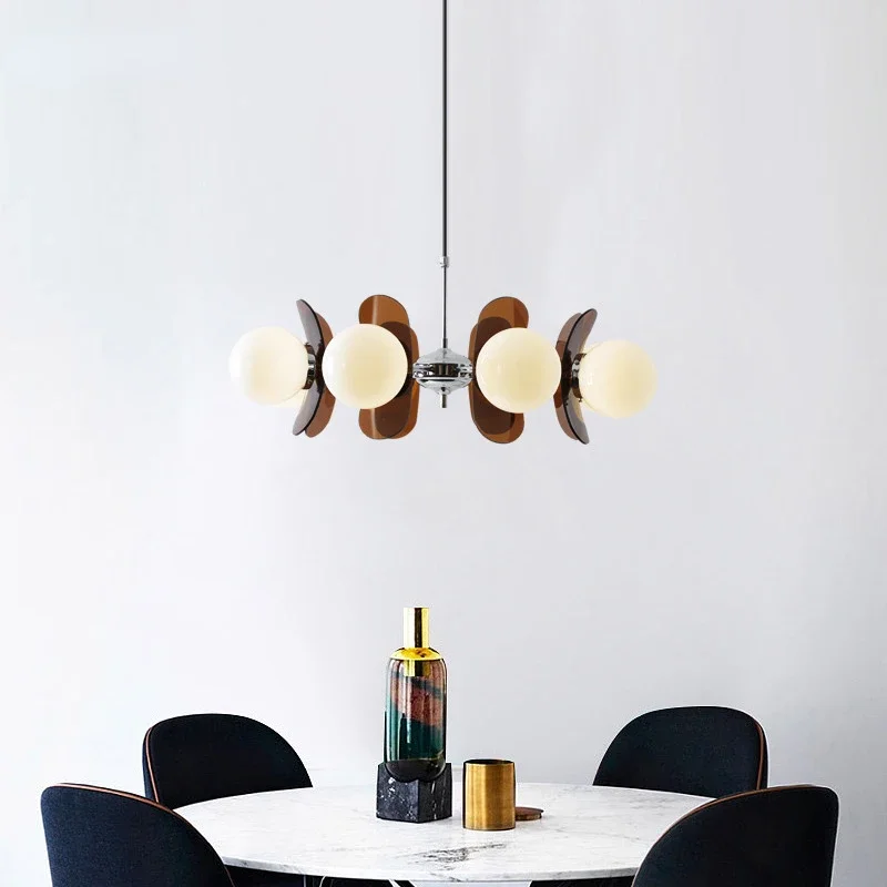 High-end Magic Bean Art Decoration Pendant Light Flowers E27 Glass Ball Lampshade, Restaurant Lighting Simple Dark Brown Orange