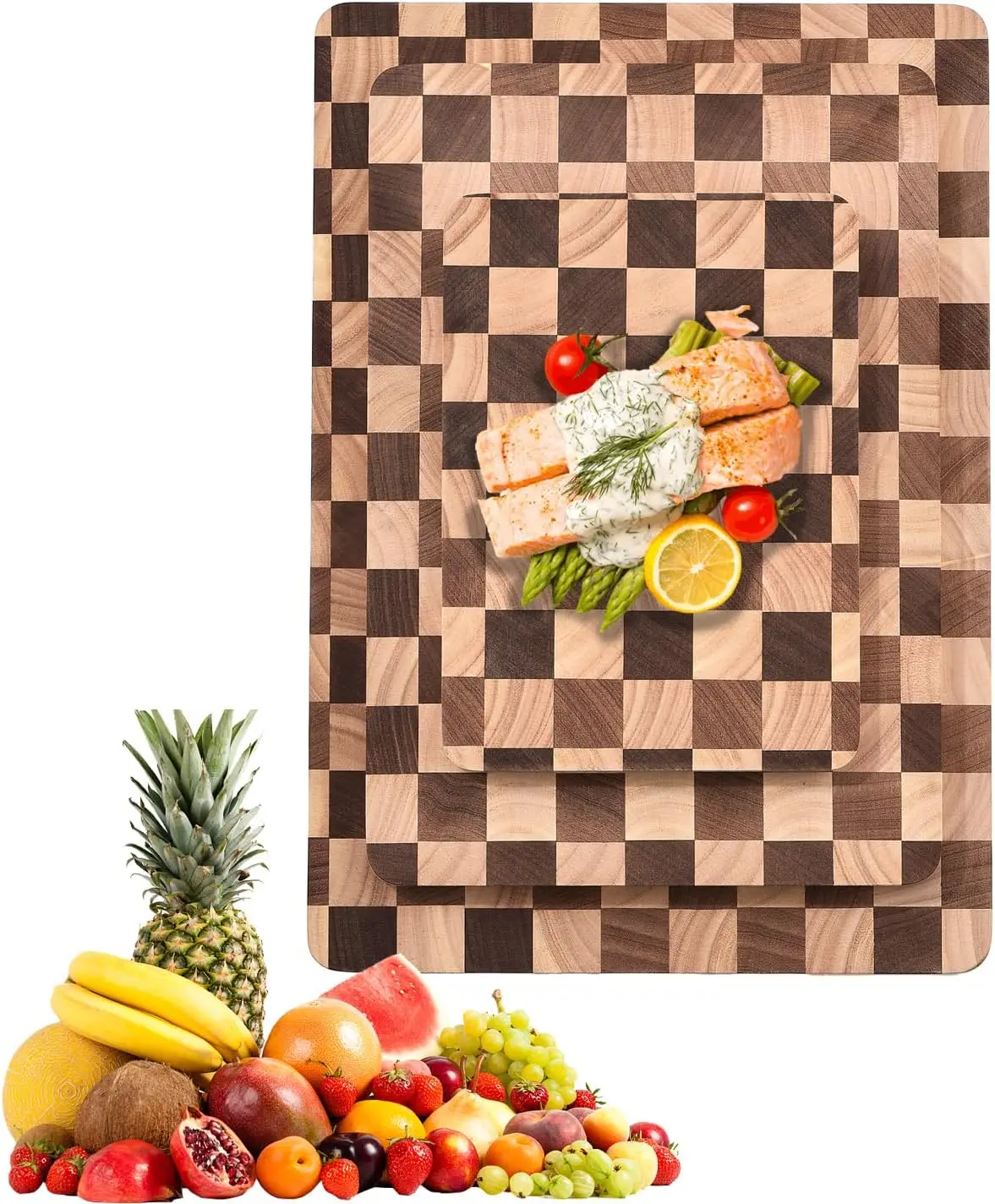 

Wood Cutting Board Set for Kitchen, 3-Piece Set Checkered Chopping Board with Juice Groove& Handles Extra Large Thick Wo