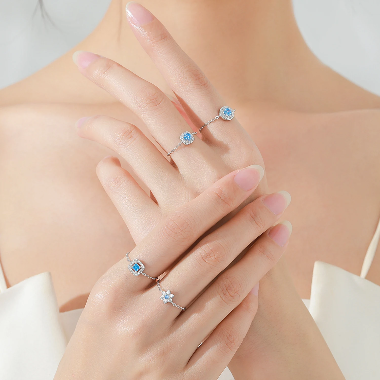 Ailmay-anillo ajustable de plata de ley 100% 925 para mujer, cadena redonda brillante de circonita azul, joyería fina de moda