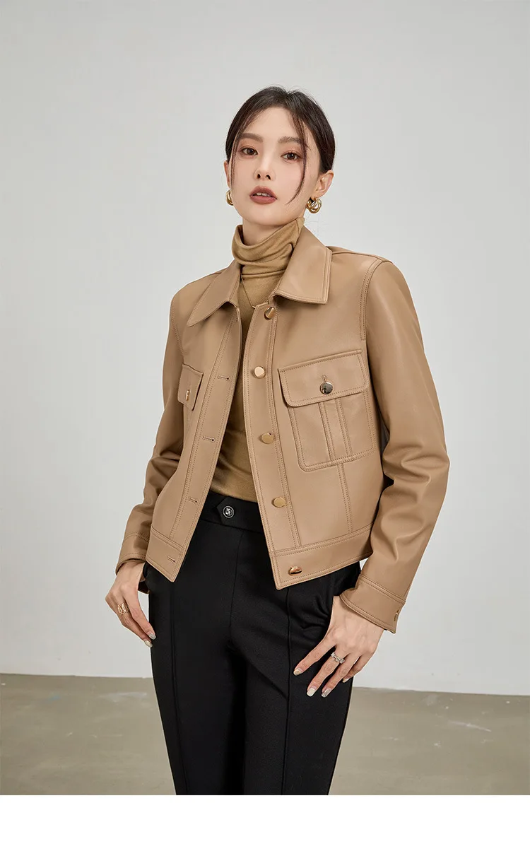 Veste en cuir de mouton véritable pour femme, manteau court, modèle de moto, haut cargo, vêtements en cuir, printemps, nouveau